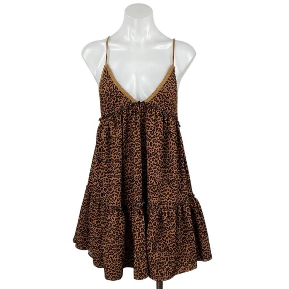 Vestique Brown Leopard Animal Print Sleeveless Tiered Swing A Line Mini Dress S